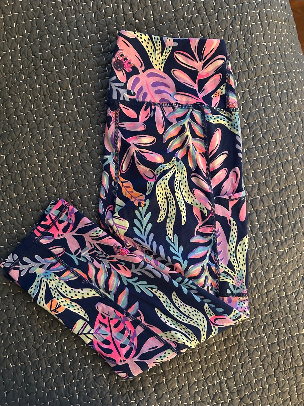 Lilly Pulitzer Navy Leggings with Pink, Coral & Lime Leaf Print
